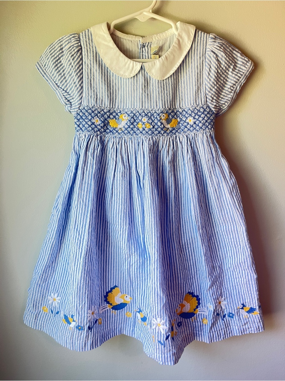 Jojo Maman Bebe Blue Seersucker Smocked Dress with Yellow Bird Embroidery